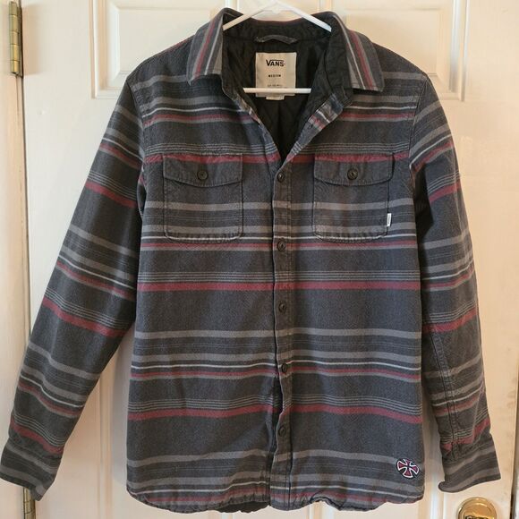 Vans Quilted Flannel Jacket Men Medium Gray Red Stripe Skate Shirt Shacket Lined - Picture 1 of 6